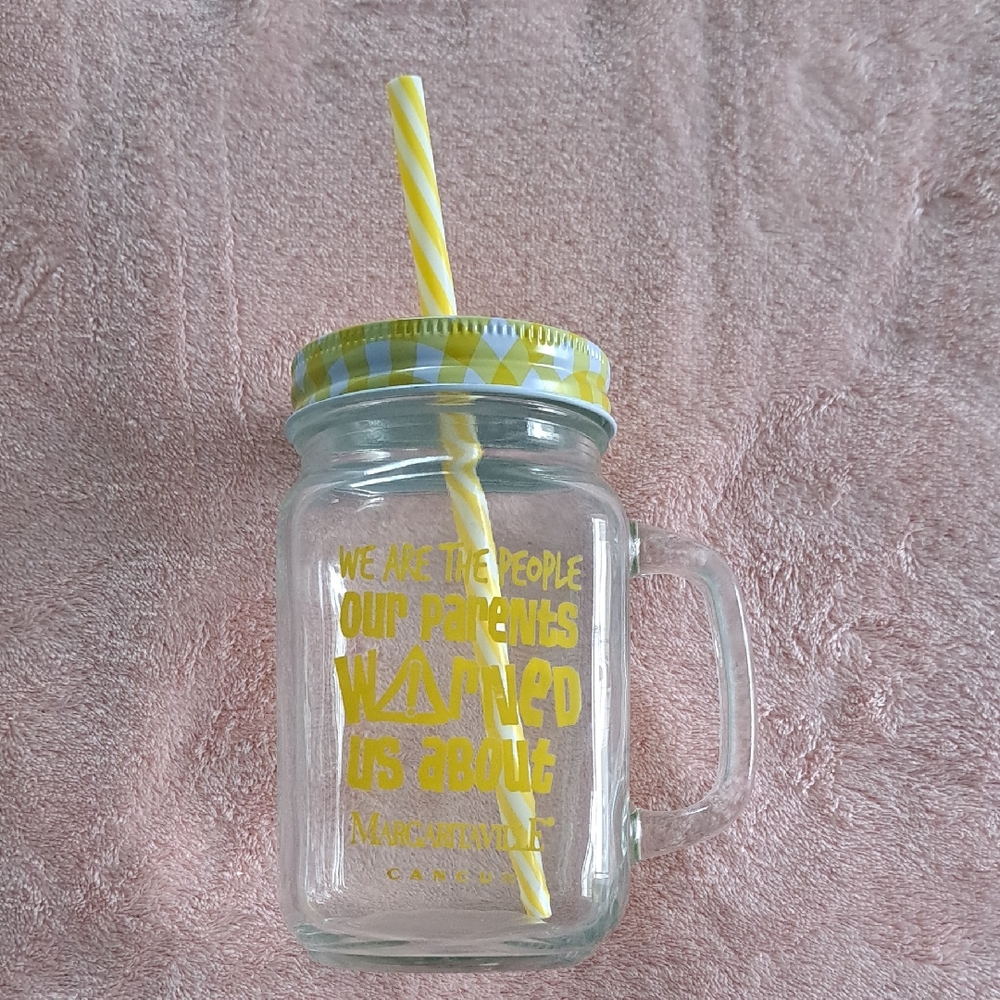 Mason Glass Jar with Yellow Straw and Lid From MARGARITAVILLE CANCUN